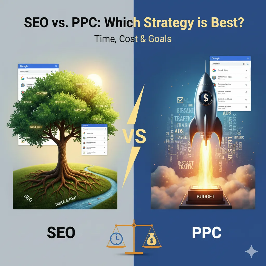 A visual comparison of SEO represented by a growing tree and PPC represented by a launching rocket.